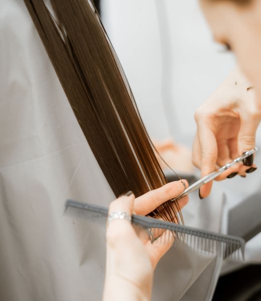 Women's haircut on long hair. Hair care for a brunette girl at the hairdresser. Female beauty shop. closeup